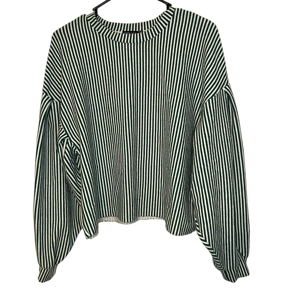Bershka Green & White Striped Balloon Sleeve Top